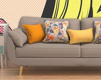 Pop Art retro funky wallpaper and glass splashback from forthefloorandmore.com