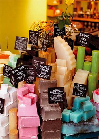 Image of Lush soaps on display from a blogpost by For The Floor and More full of bathroom ideas to brighten your room