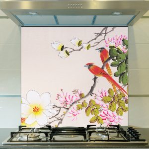 Image of Ayame design as a wonderfully detailed printed glass splashback available from forthefloorandmore.com