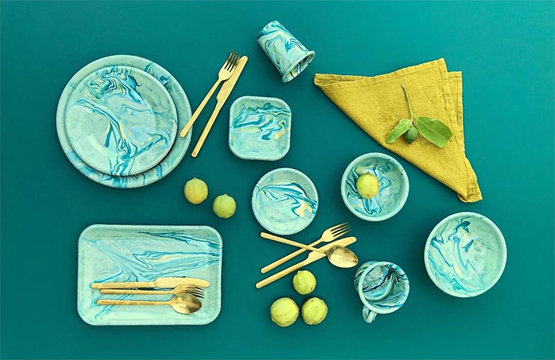 Image of colourful home marble dinnerware used in a blog post about colour choices and trends for SS2019