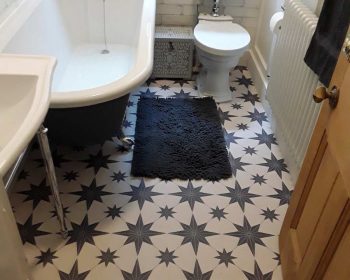 Customer photo testimonial of our custom Elettra flooring pattern from a customer review of forthefloorandmore.com