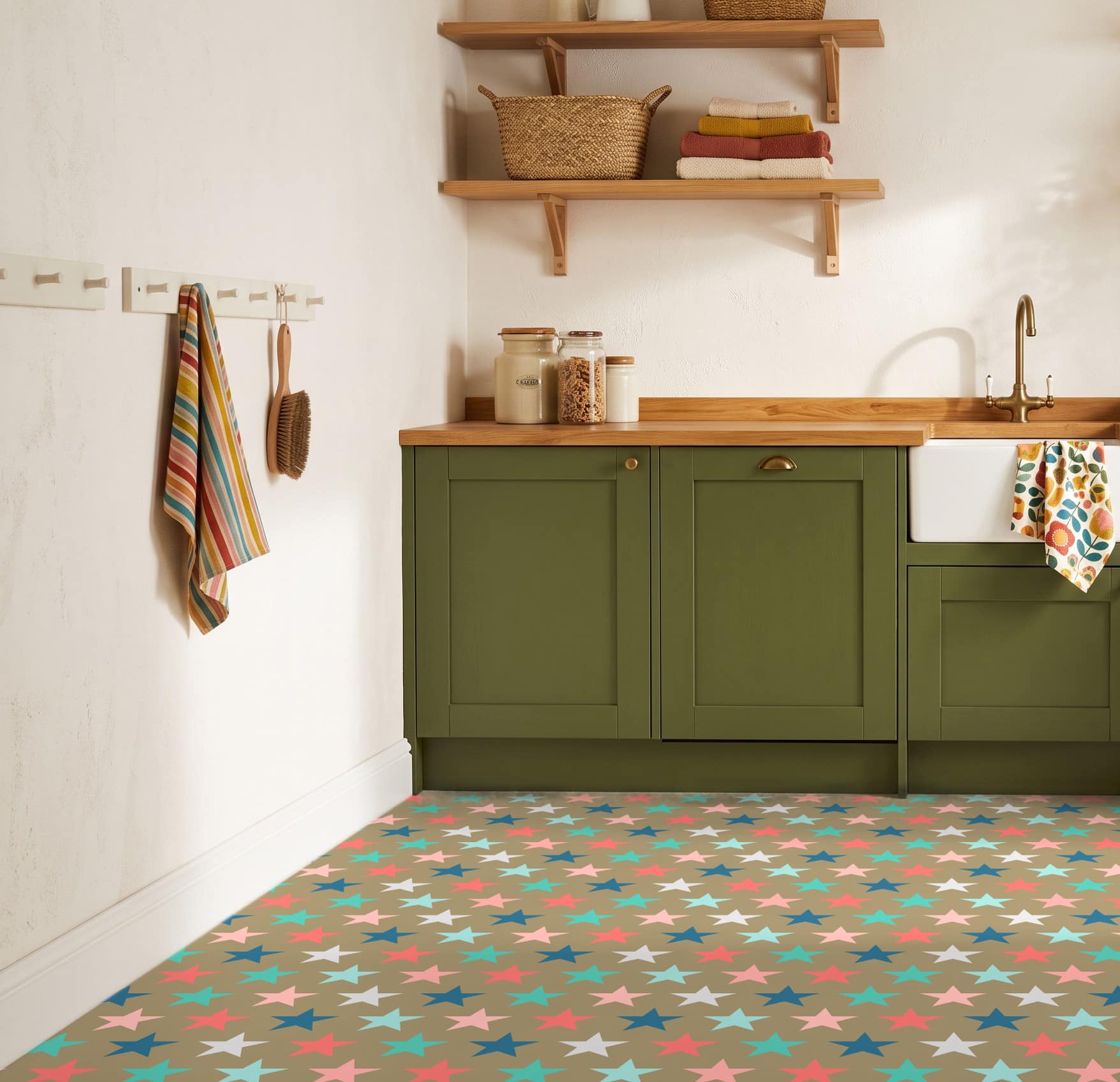 Colourful star patterned vinyl flooring in a kitchen