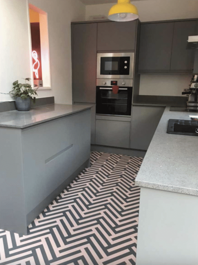 Herringbone Pink pattern vinyl flooring from For the Floor & More used in a post about neutral kitchens.