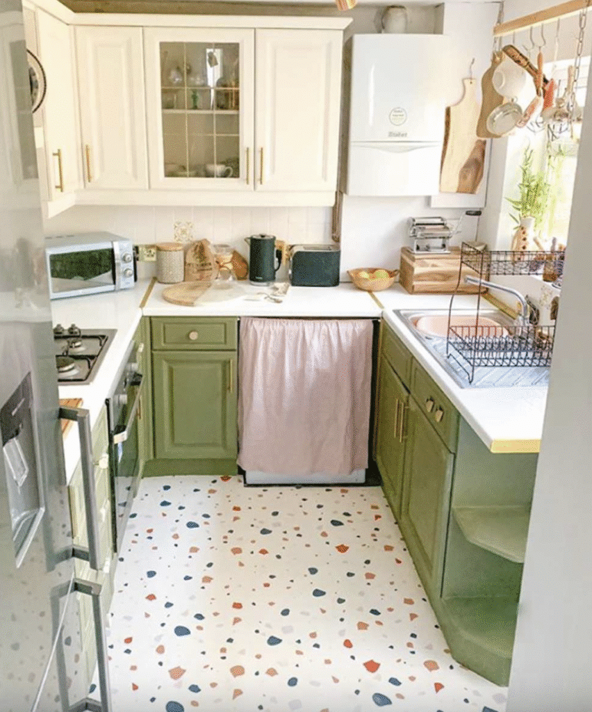 A custom Noemi pattern vinyl flooring from For the Floor & More used in a post about neutral kitchens.
