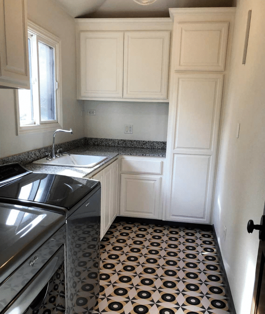 Yume pattern vinyl flooring from For the Floor & More used in a post about neutral kitchens.