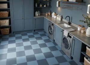 Image of a modern utility room with tonal checkerboard vinyl flooring as produced by For the Floor & More