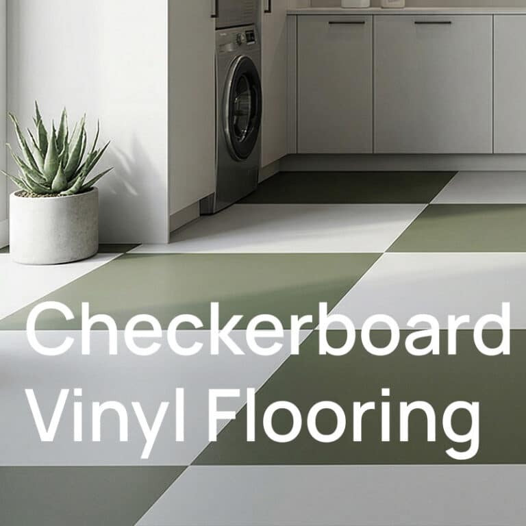 A laundry with a green and cream checkerboard vinyl floor