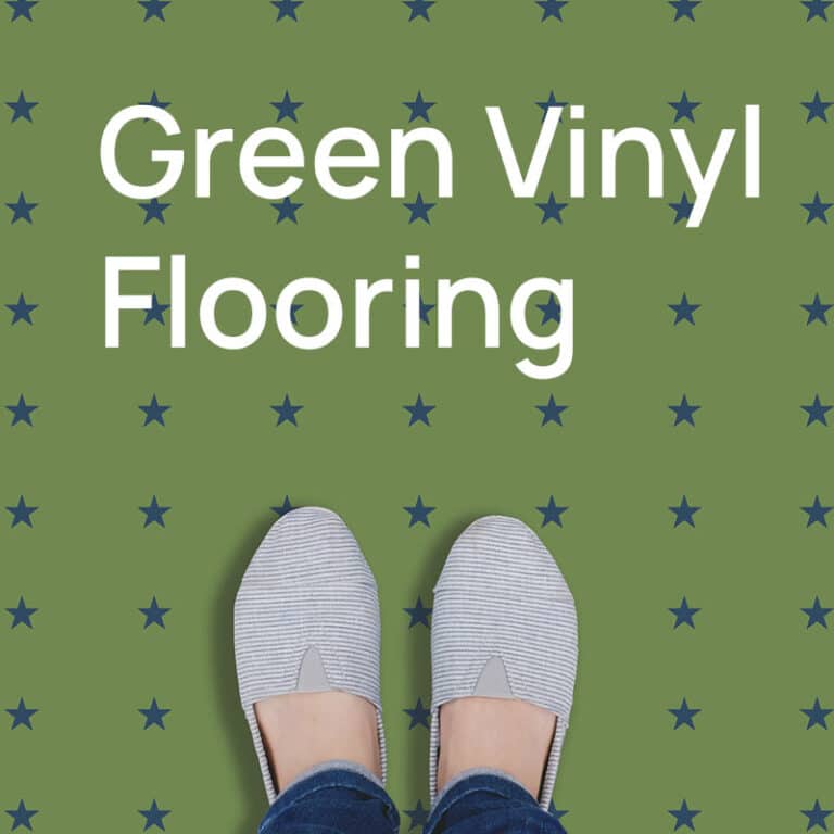 A green vinyl floor with a small star pattern, seen from above