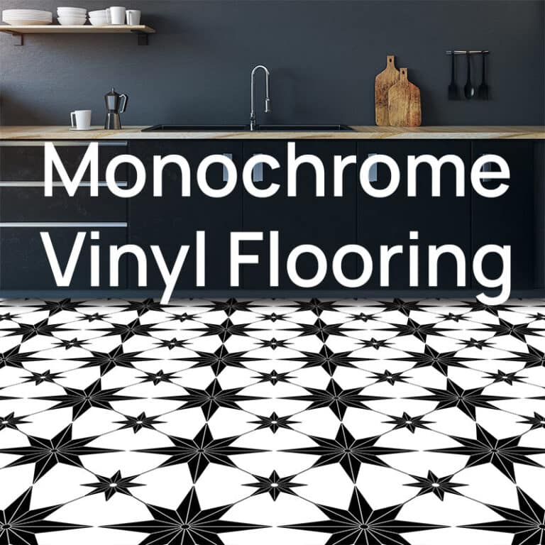 A kitchen with dark cabinets and a black and white star-patterned vinyl floor
