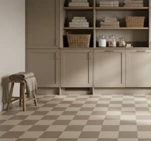 Image of a modern utility room with tonal checkerboard vinyl flooring as produced by For the Floor & More