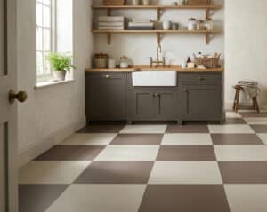 Image of a modern utility room with tonal checkerboard vinyl flooring as produced by For the Floor & More