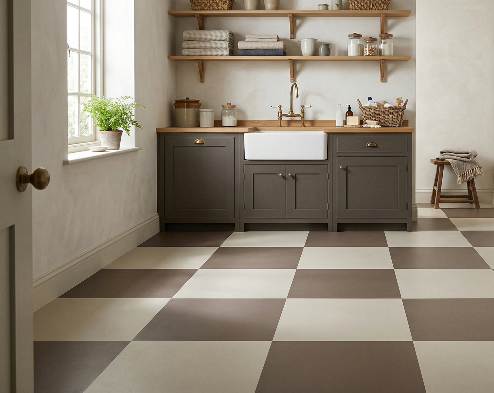 Mushroom and cream checkerboard vinyl beside grey cabinets