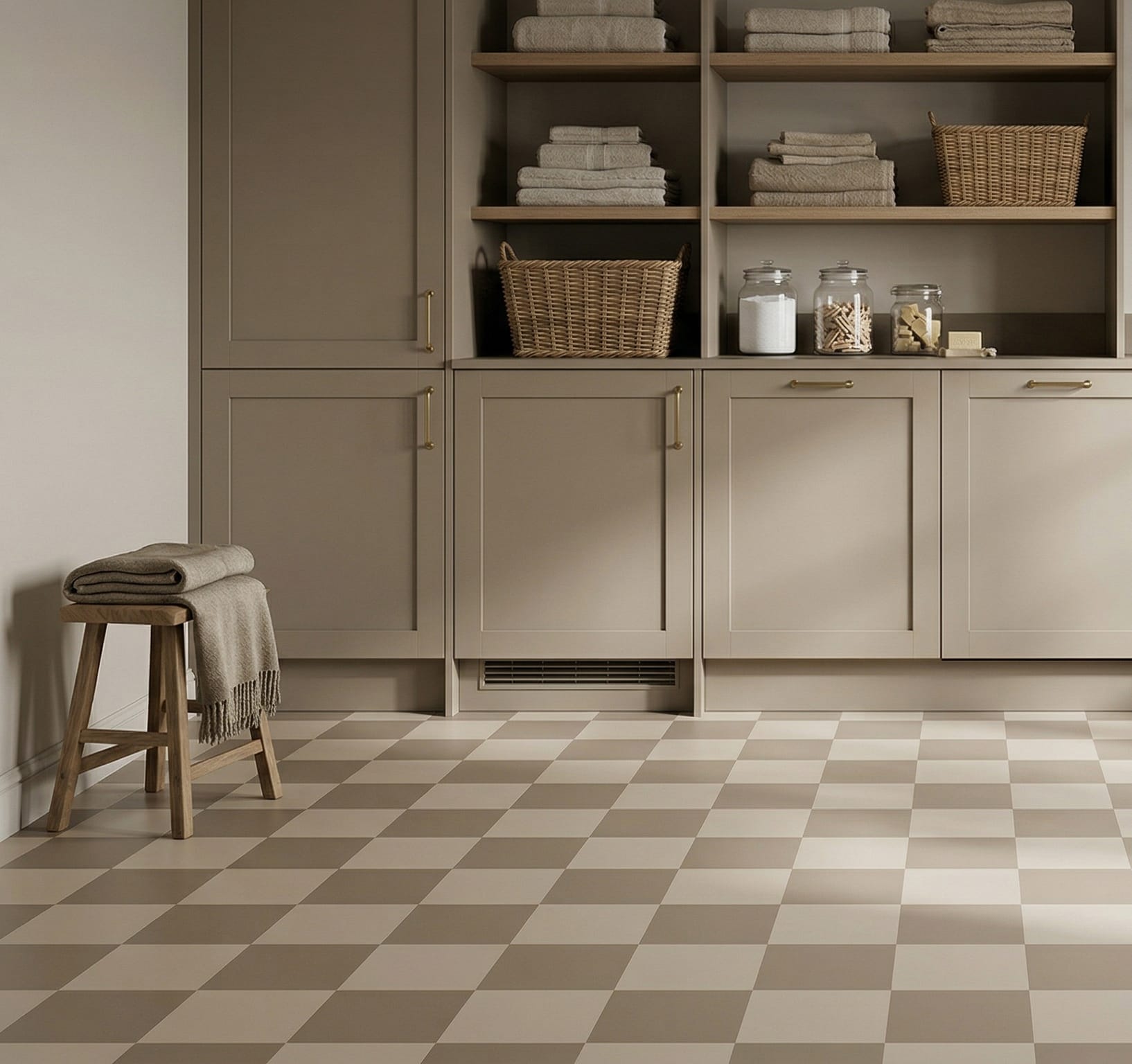 Warm neutral checkerboard vinyl beside taupe cabinets