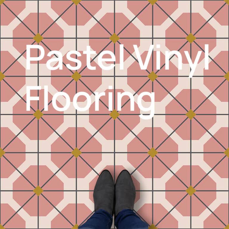 A pink and cream geometric vinyl floor, seen from above