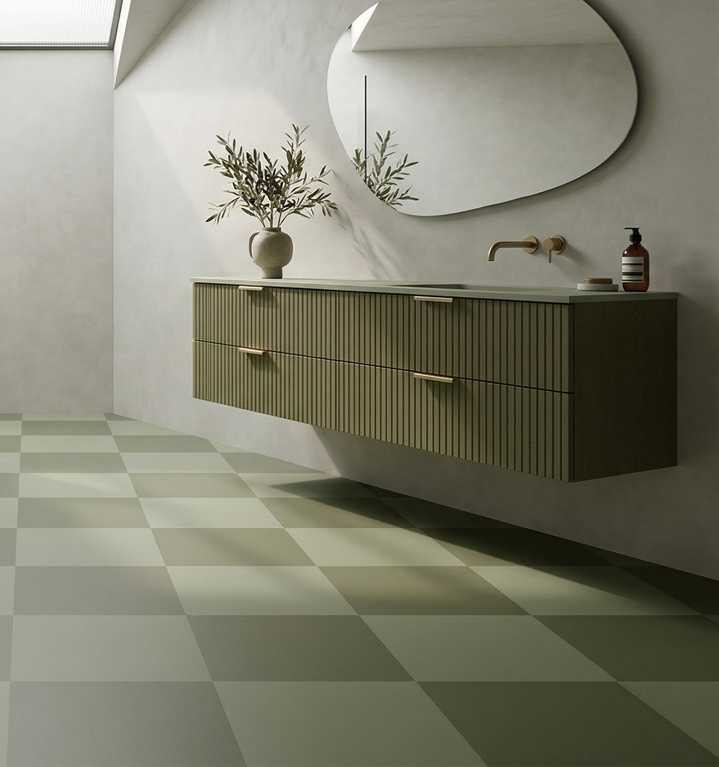 Sage and green checkerboard vinyl in a bathroom