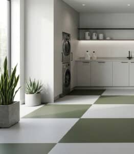 Image of a modern utility room with tonal checkerboard vinyl flooring as produced by For the Floor & More