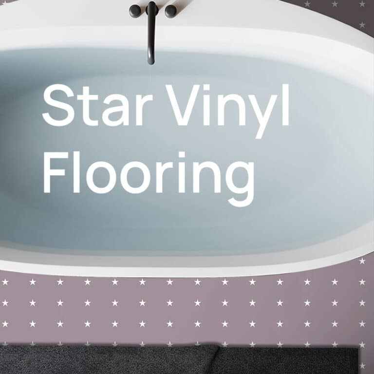 A bathroom with a pale blue bath and a small dotted vinyl floor