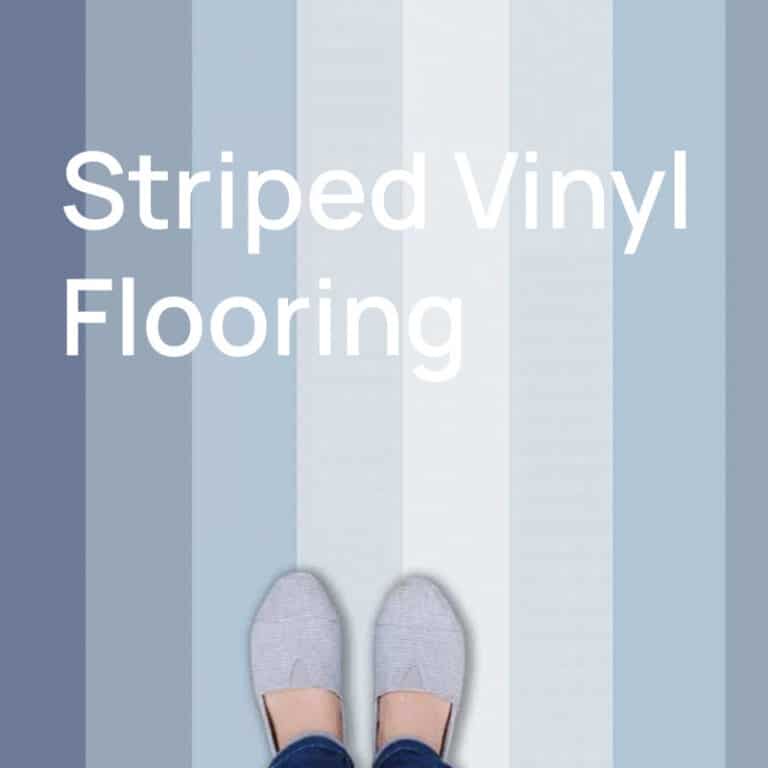 Blue striped vinyl flooring, seen from above, with a pair of grey shoes
