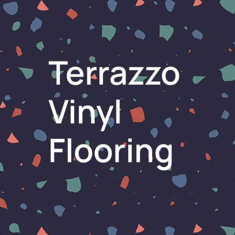 A dark terrazzo-style vinyl floor with small coloured chips