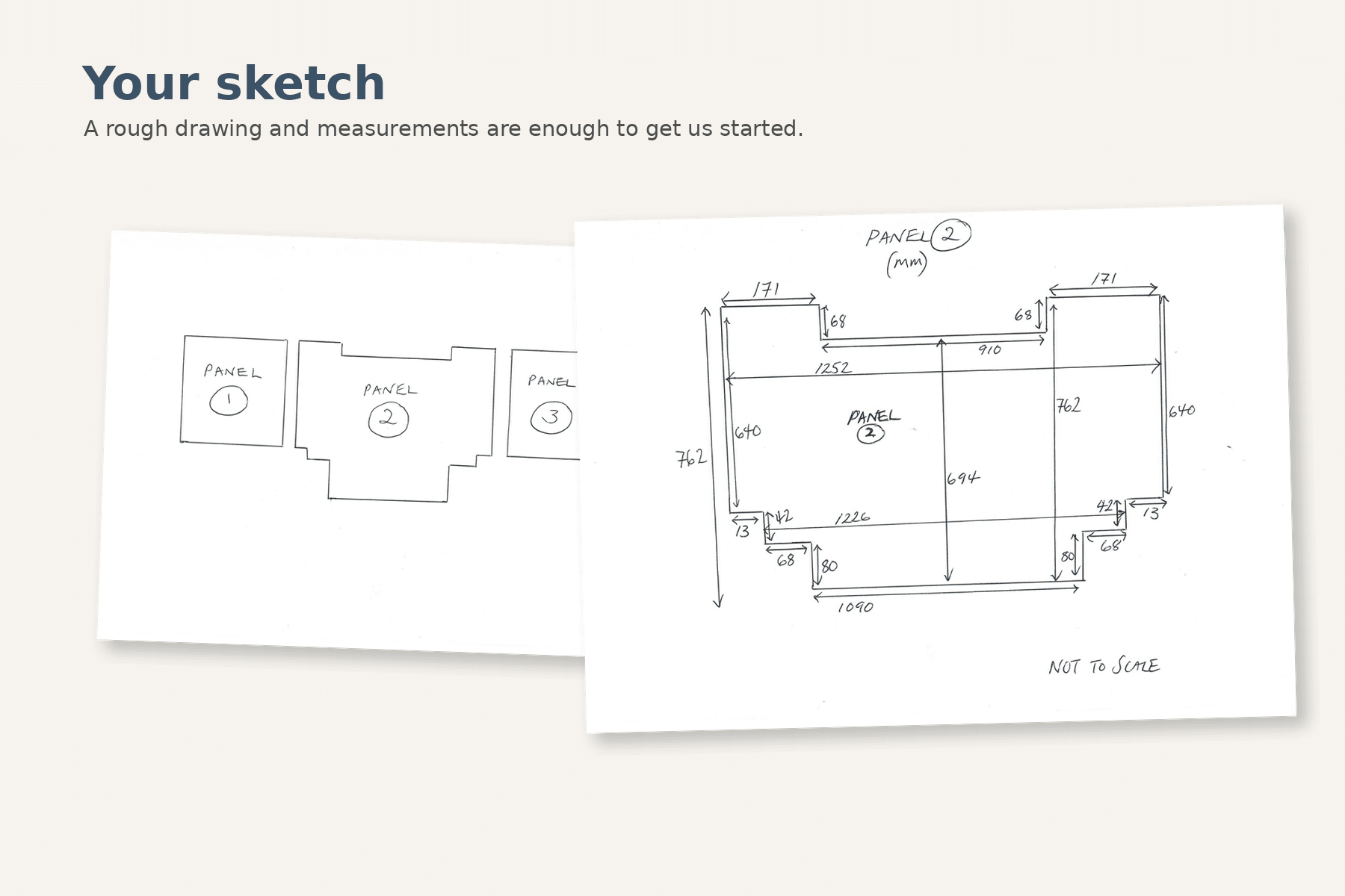 Customer sketches and measurements for a three-panel glass splashback