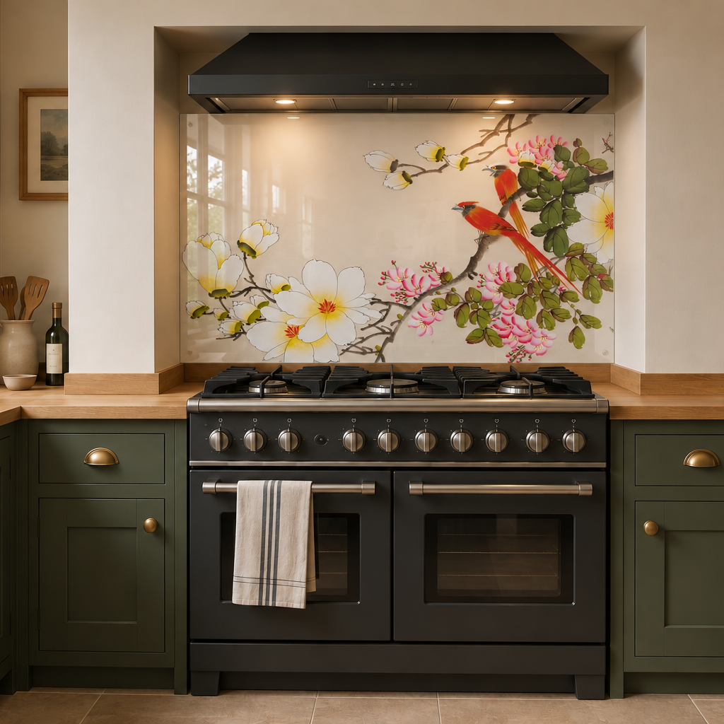 Ayame glass splashback fitted behind a range cooker