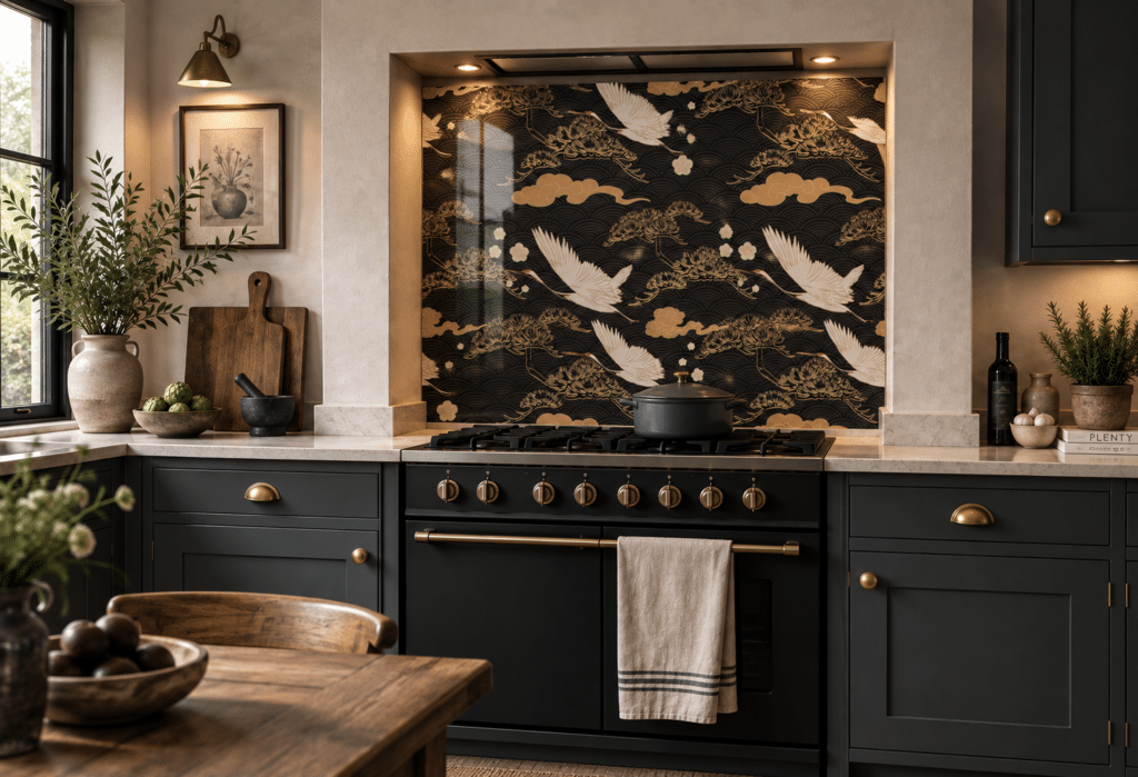 Akari patterned glass splashback in a kitchen