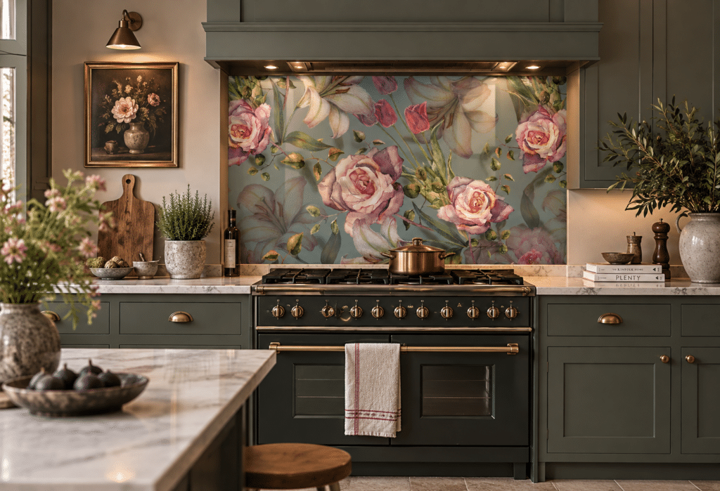 Alida patterned glass splashback in a kitchen