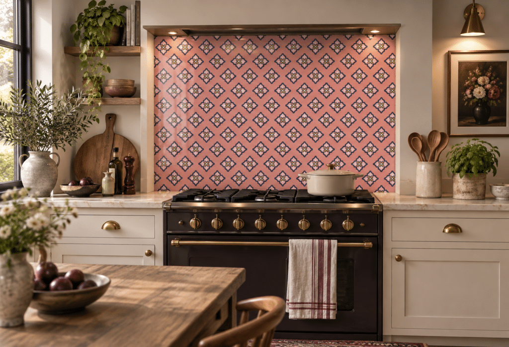 Gawthorpe: Anne II patterned glass splashback in a kitchen