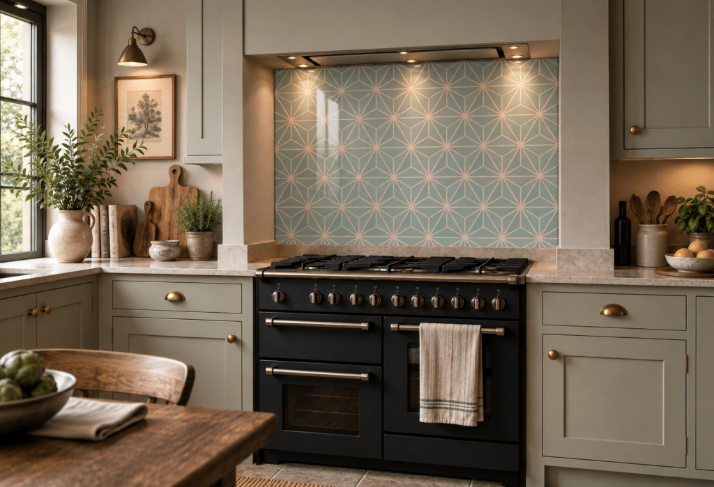 Austaar patterned glass splashback in a kitchen