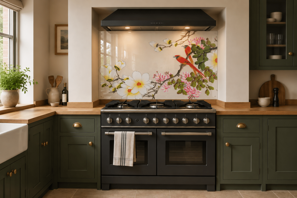 Ayame patterned glass splashback in a kitchen