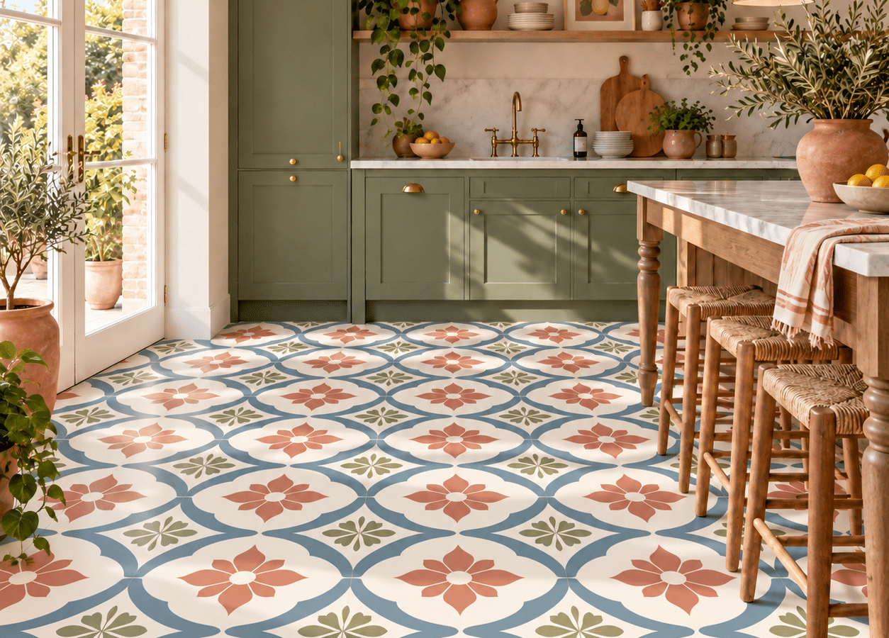 Patterned vinyl flooring in a kitchen