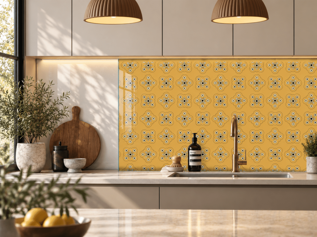 Gawthorpe: Blanche IV patterned glass splashback in a kitchen