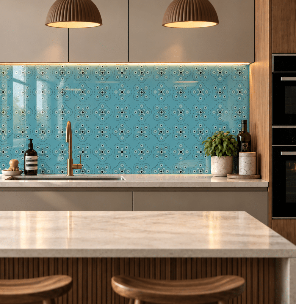 Gawthorpe: Blanche V patterned glass splashback in a kitchen
