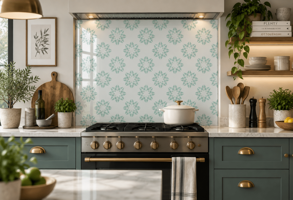 Cerié patterned glass splashback in a kitchen