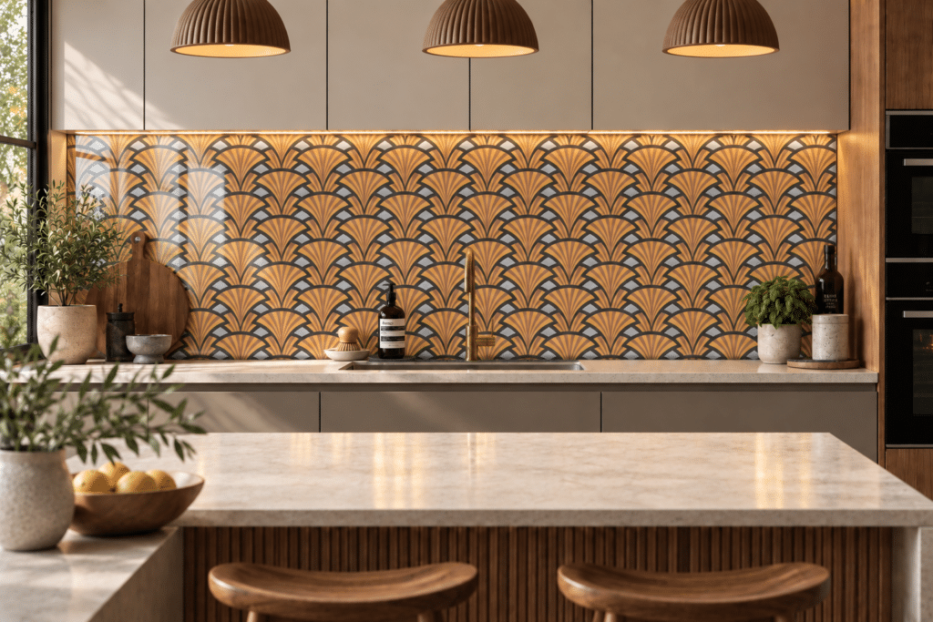 Excelse patterned glass splashback in a kitchen