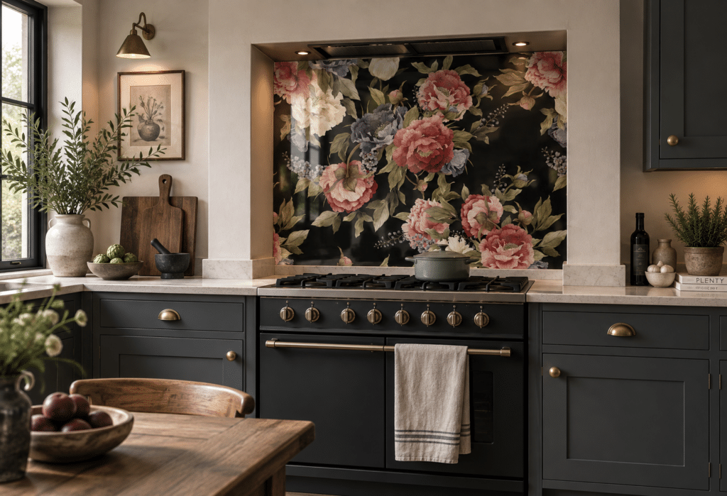 Freya patterned glass splashback in a kitchen