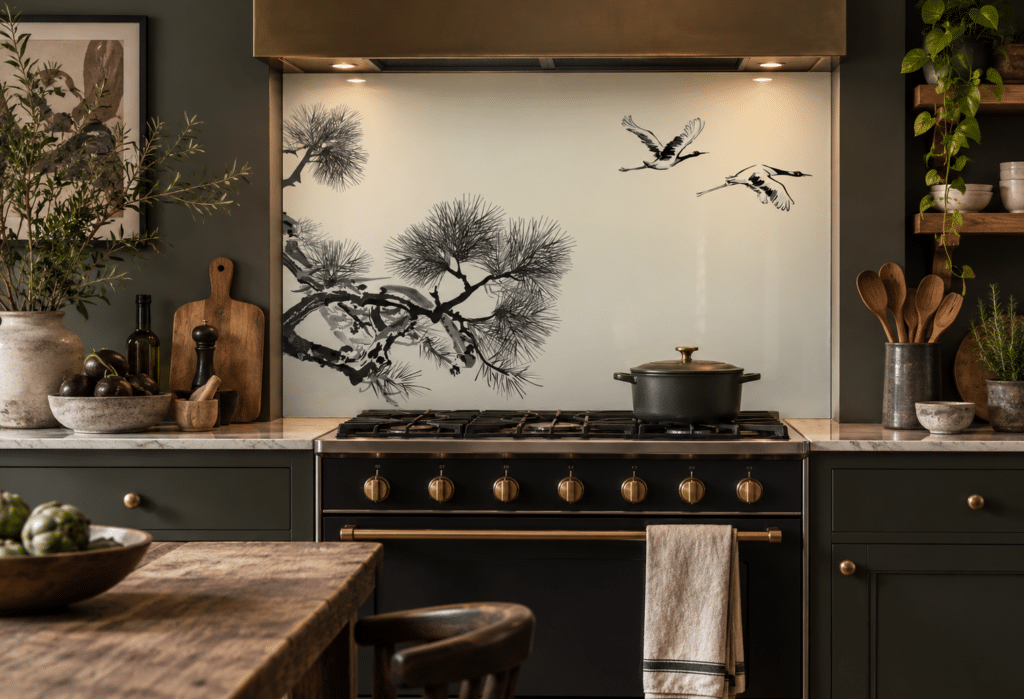 Hana patterned glass splashback in a kitchen
