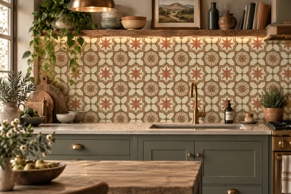 Hen Cloud patterned glass splashback in a kitchen