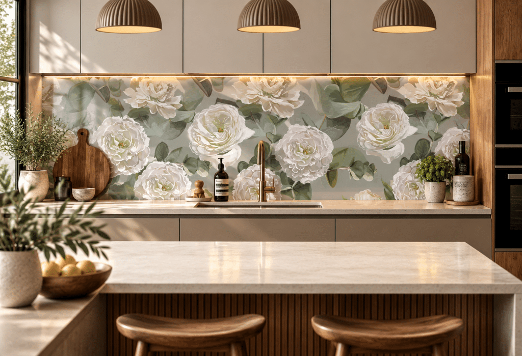 Karina patterned glass splashback in a kitchen