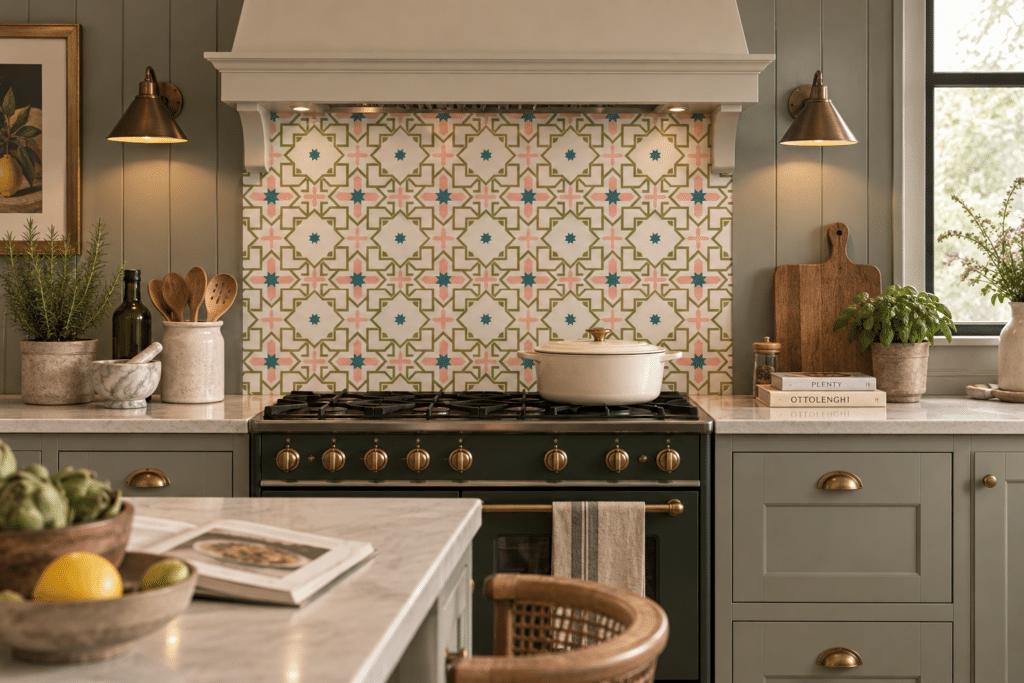 Moorland patterned glass splashback in a kitchen