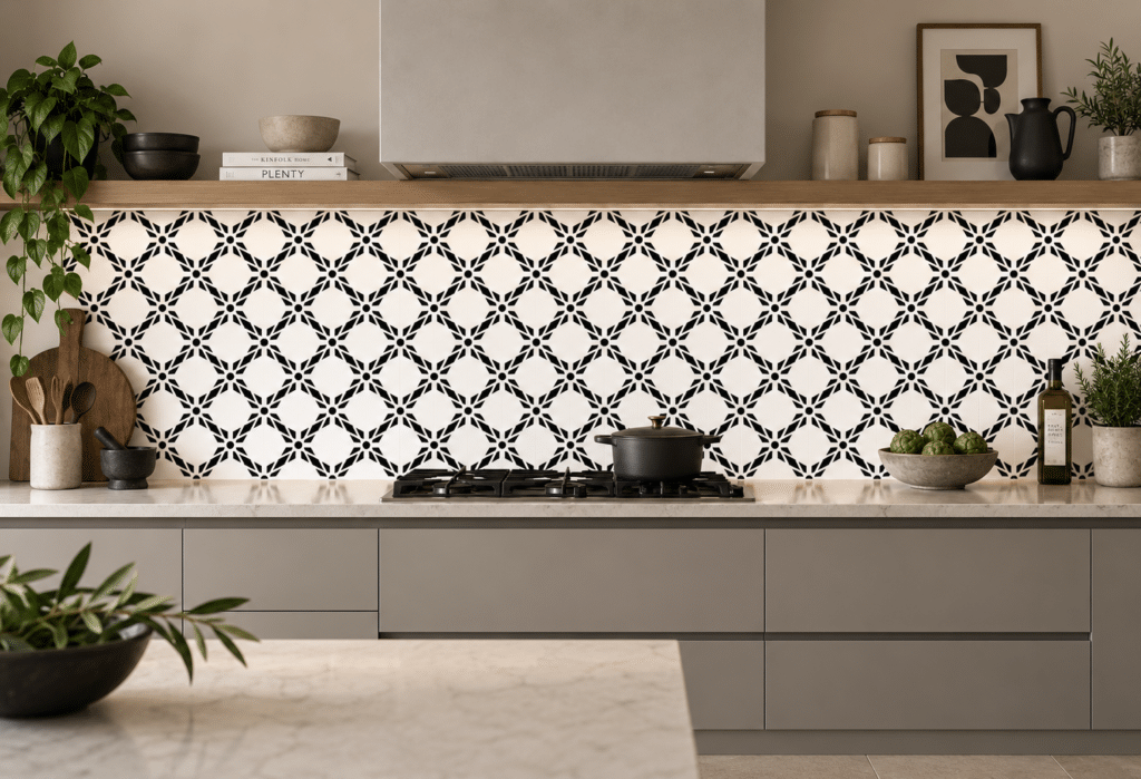 Pavo patterned glass splashback in a kitchen