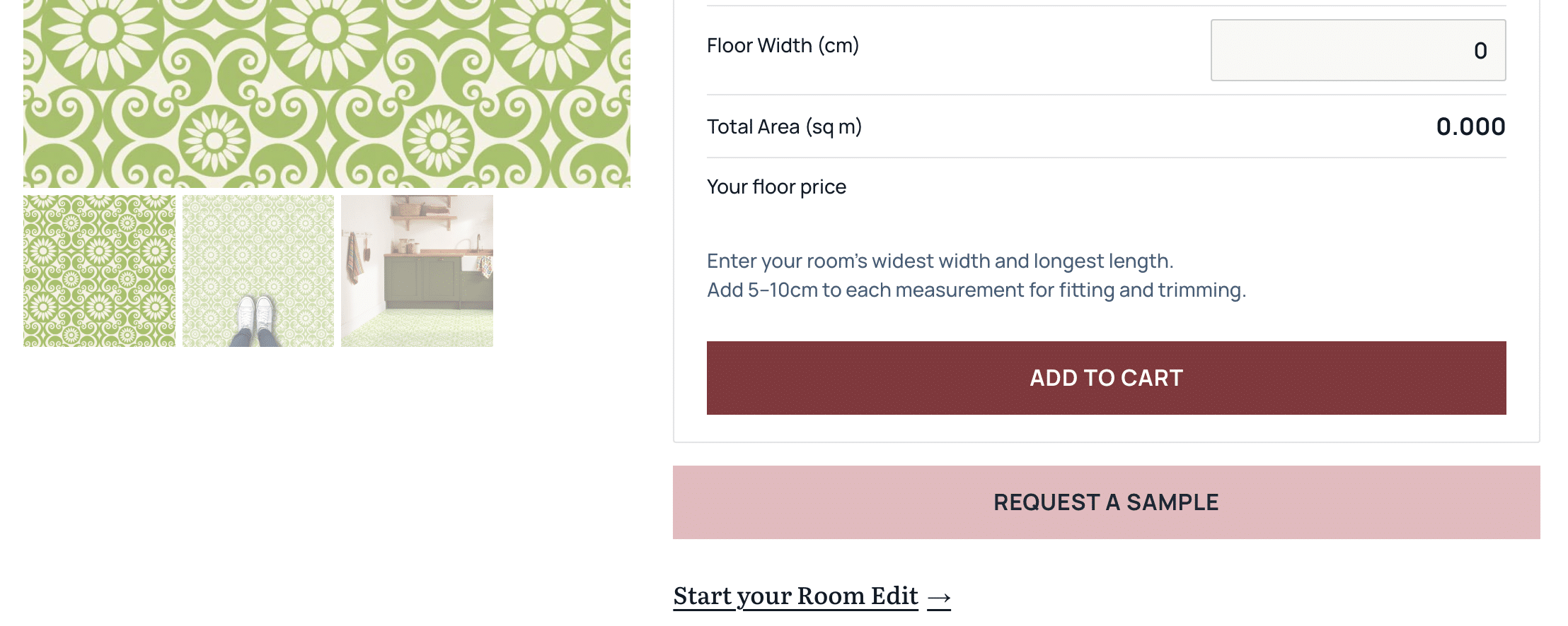 Request a sample button on a For the Floor and More flooring product page