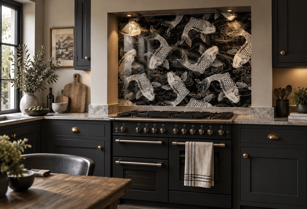 Yori patterned glass splashback in a kitchen