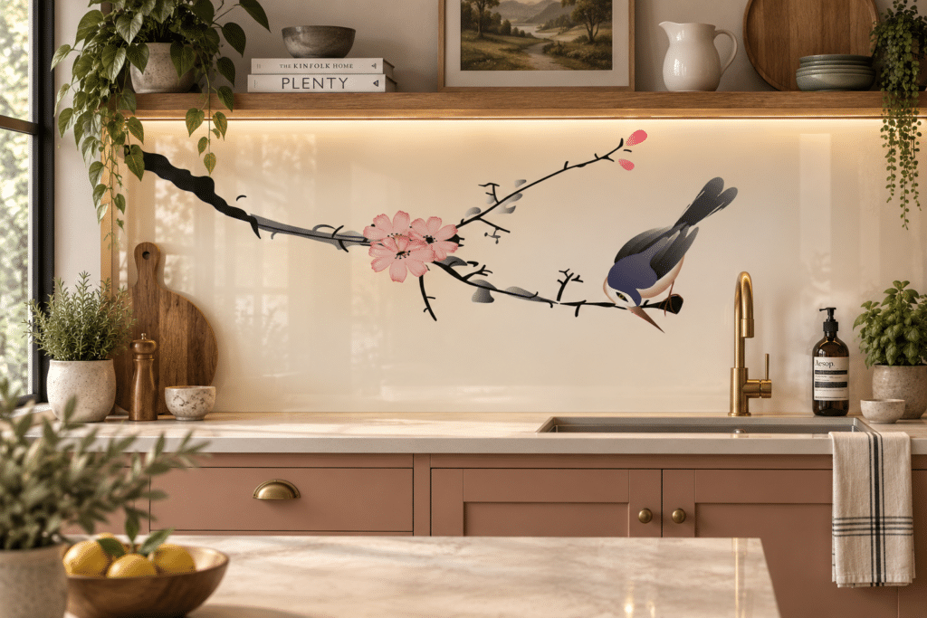 Yua patterned glass splashback in a kitchen