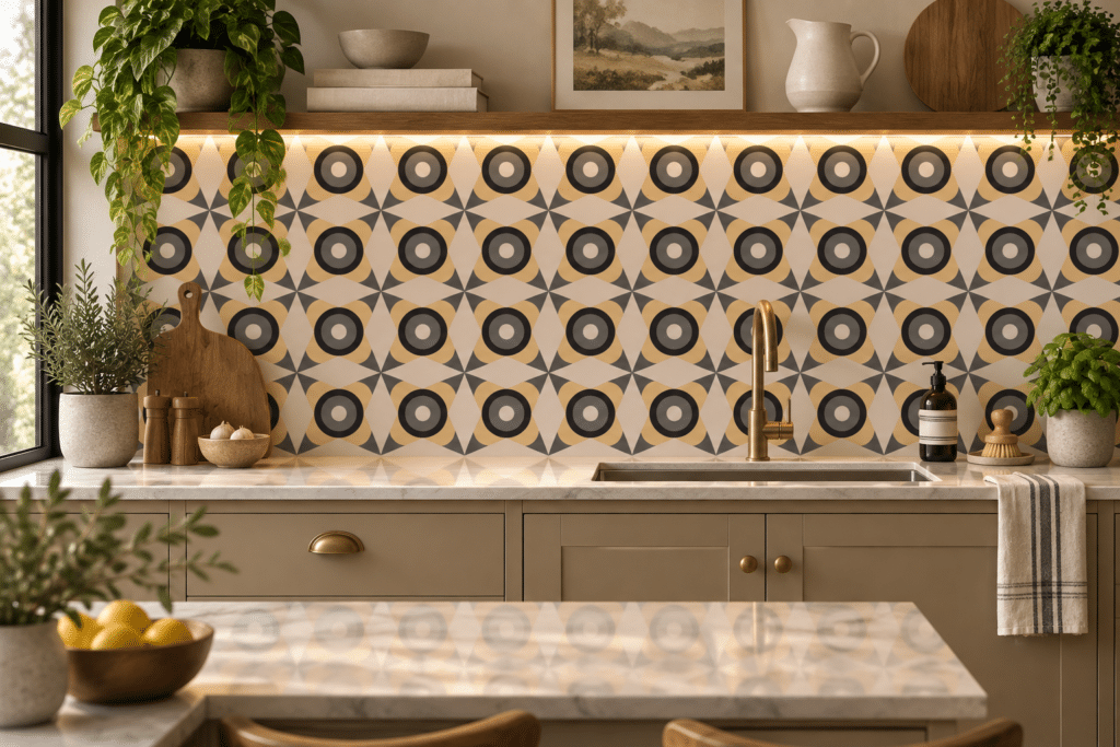 Yume patterned glass splashback in a kitchen