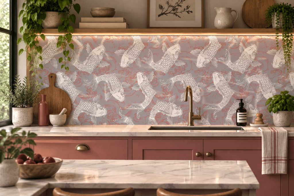 Yumi patterned glass splashback in a kitchen
