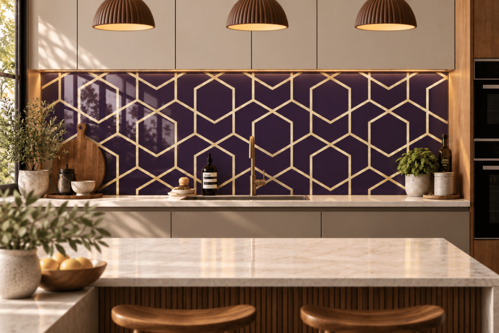 Luxe patterned glass splashback in a kitchen