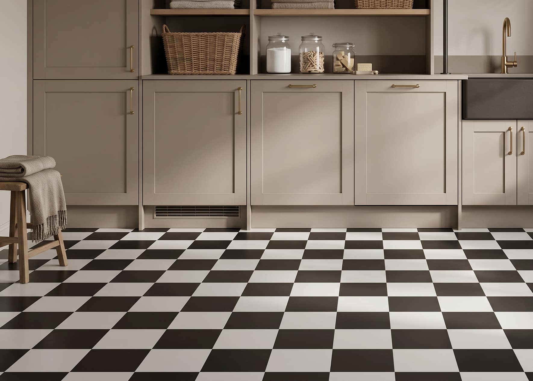 Black and white checkerboard flooring in a kitchen