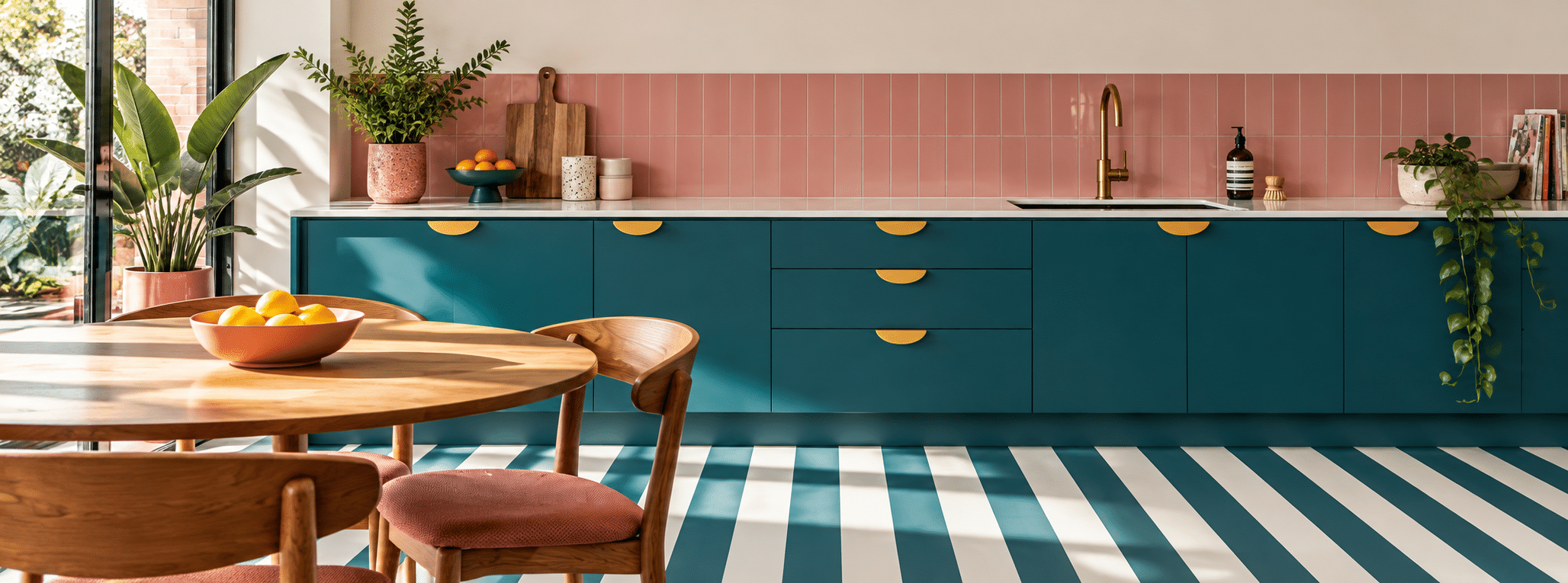 Teal and white striped vinyl flooring in a kitchen
